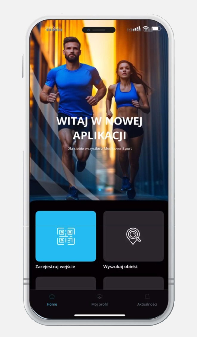 Aplikacja mobilna Medicover Sport - ekran główny z kaflem Zarejestruj wejście